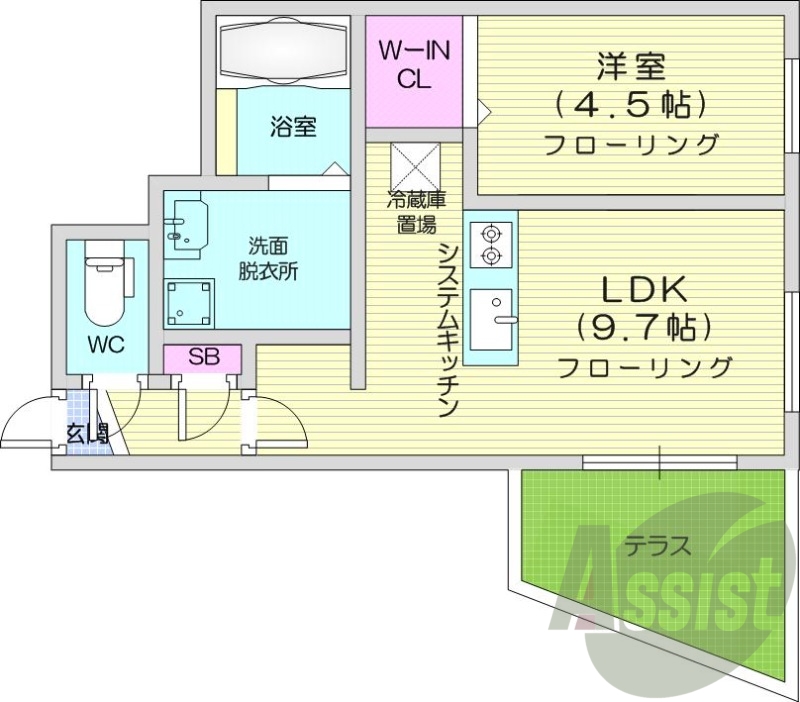 1LDK、都市ガス、浴室乾燥機、エアコン、システムキッチン