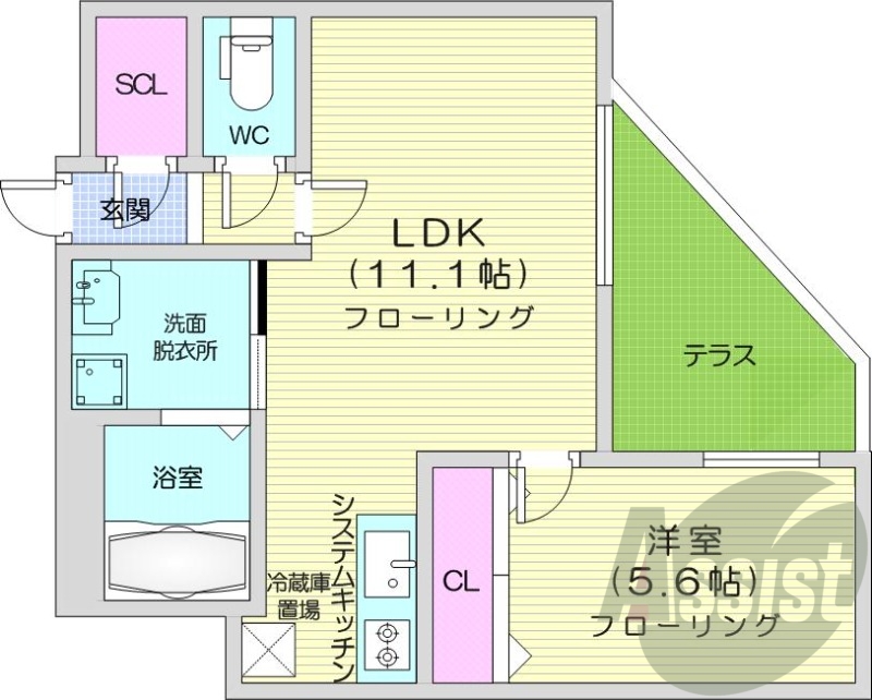 1LDK、都市ガス、浴室乾燥機、エアコン、システムキッチン