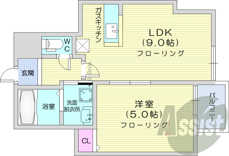 1LDK、オートロック、バストイレ別、カウンターキッチン