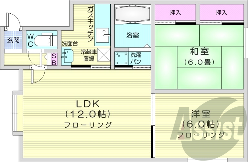 2LDK、独立洗面台、灯油暖房、トランクルーム