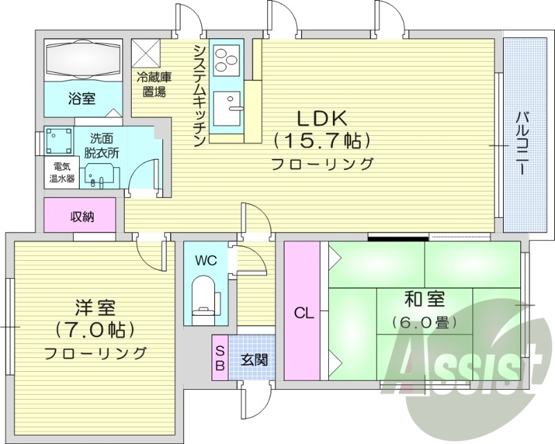 2LDK、オール電化、シャワートイレ、システムキッチン