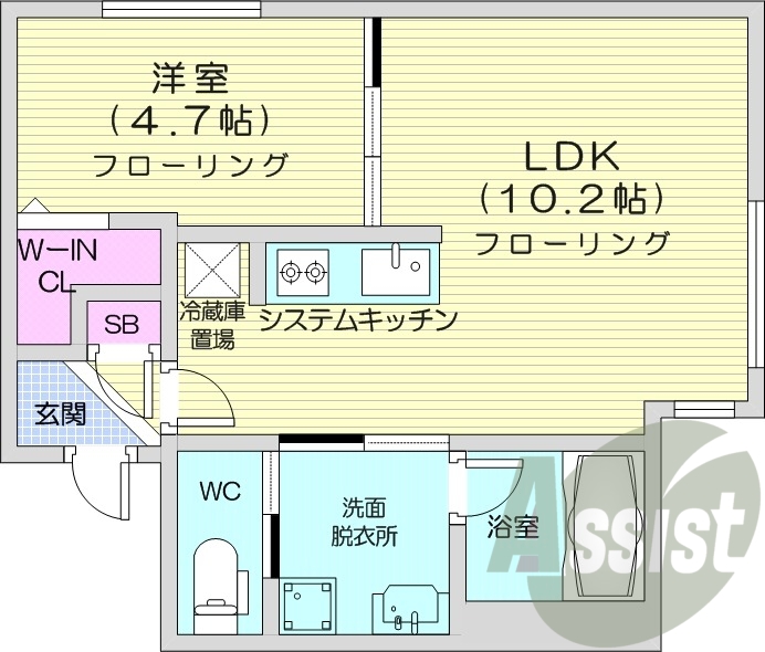 1LDK、エアコン、浴室乾燥機、システムキッチン