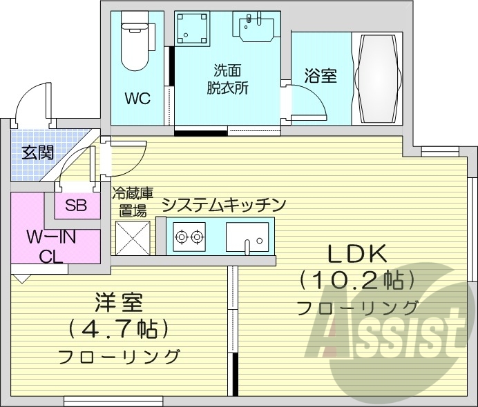 1LDK、エアコン、浴室乾燥機、システムキッチン