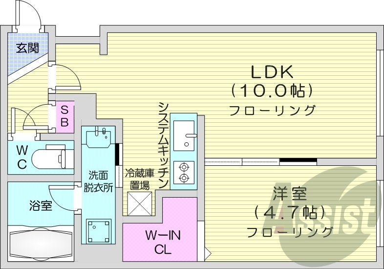 1LDK、エアコン、浴室乾燥機、システムキッチン