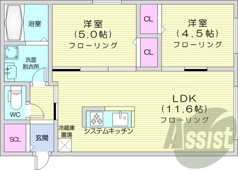 2LDK、エアコン、都市ガス、追い焚き