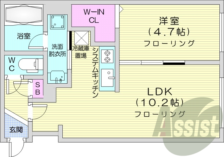 1LDK、エアコン、浴室乾燥機、システムキッチン