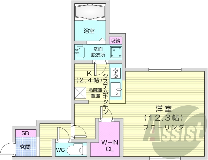 1K、エアコン、システムキッチン、角部屋