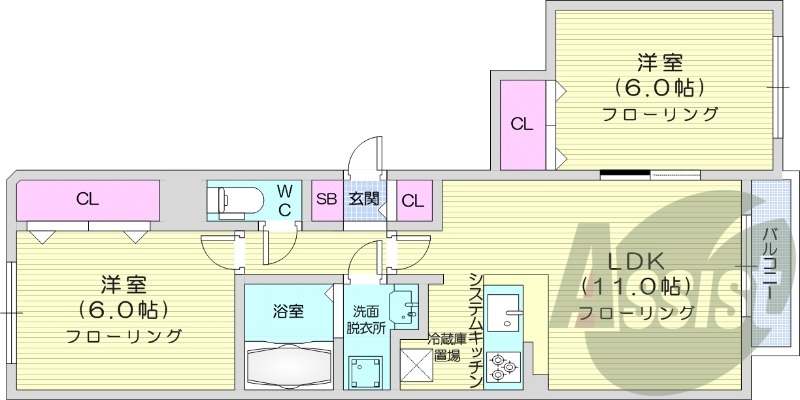 2LDK、浴室乾燥機、エアコン、オートロック