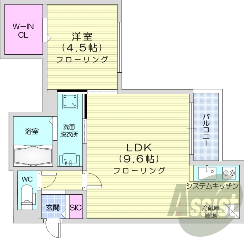 1LDK、都市ガス、浴室乾燥機、システムキッチン