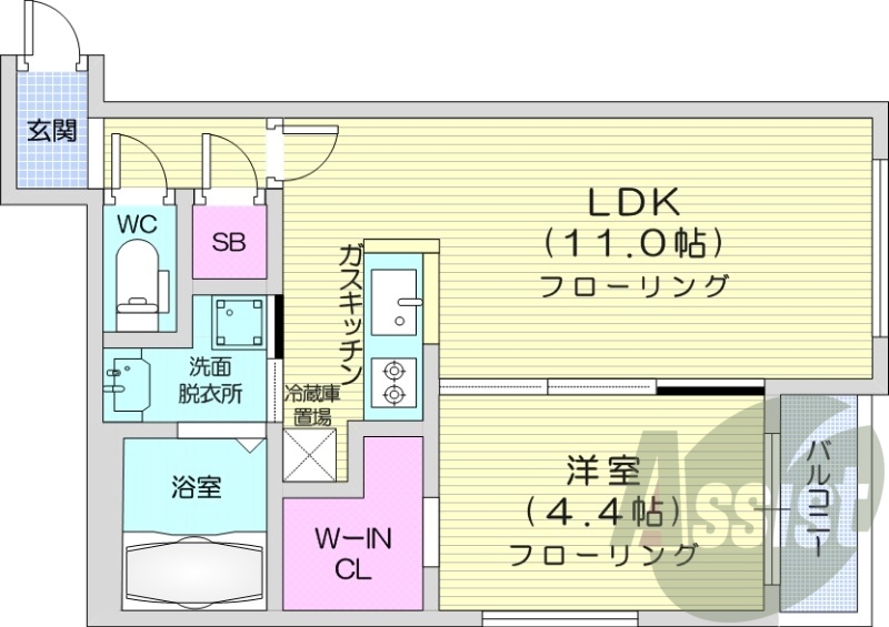 1LDK、エアコン、浴室乾燥機、システムキッチン