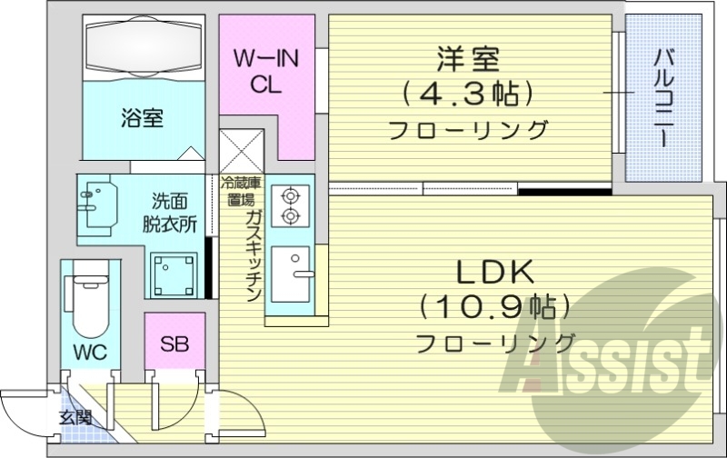 1LDK、エアコン、浴室乾燥機、システムキッチン