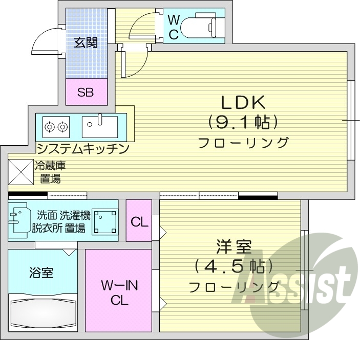 1LDK、都市ガス、浴室乾燥機、システムキッチン