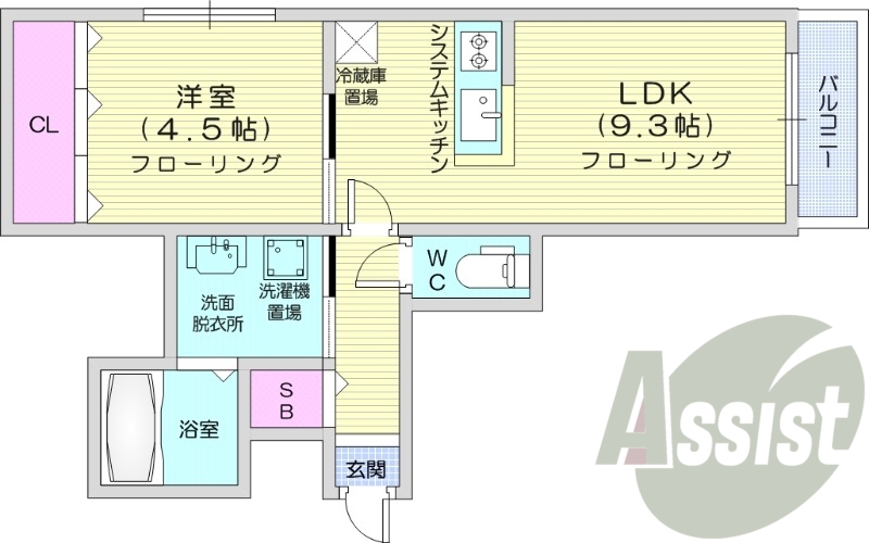 1LDK、都市ガス、浴室乾燥機、システムキッチン