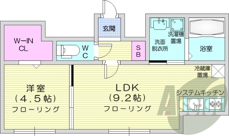1LDK、都市ガス、浴室乾燥機、システムキッチン