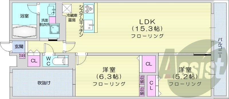 2LDK、都市ガス、エアコン、システムキッチン、浴室乾燥機