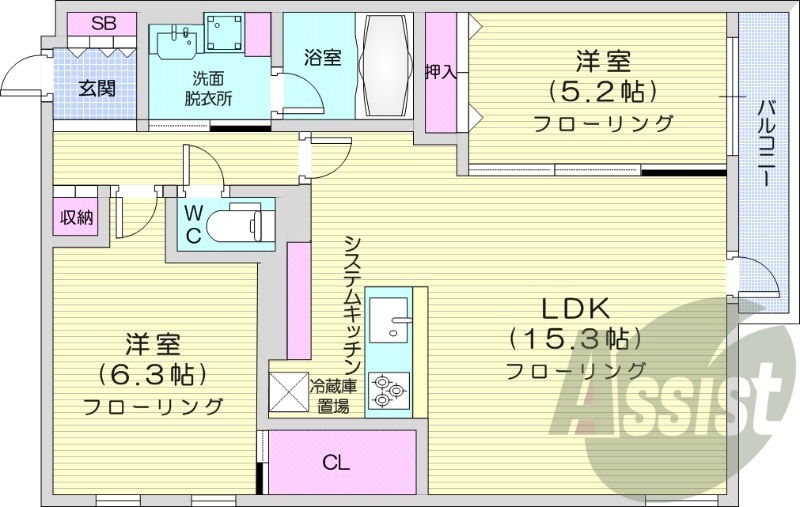 2LDK、都市ガス、エアコン、システムキッチン、浴室乾燥機
