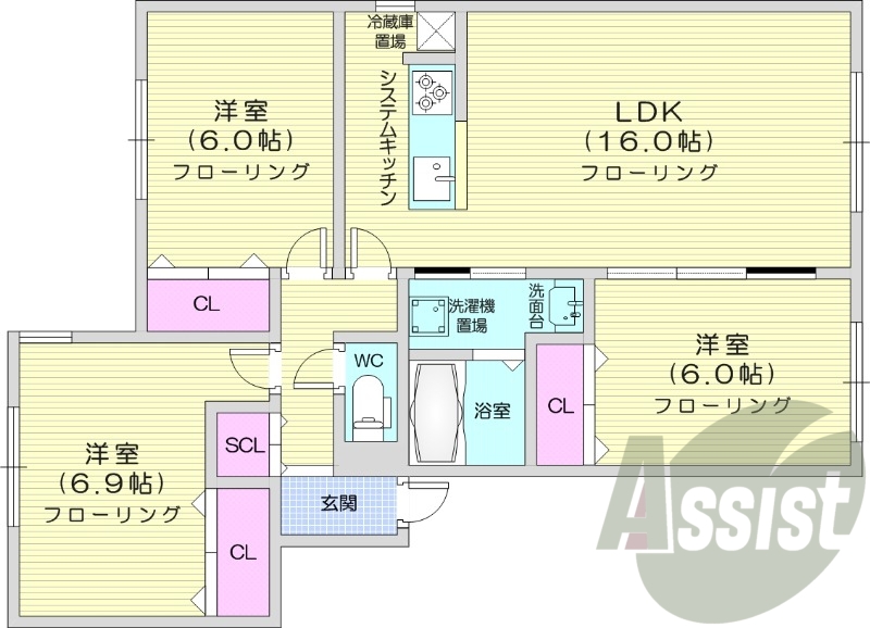 3LDK、エアコン、システムキッチン、バストイレ別