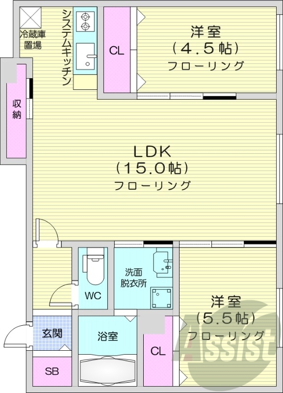 2LDK、エアコン、システムキッチン、浴室乾燥機