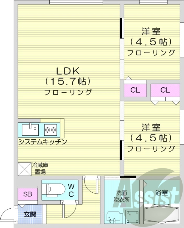 2LDK、エアコン、システムキッチン、浴室乾燥機