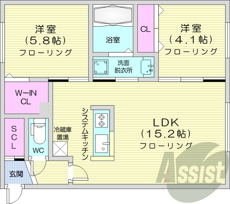 2LDK、エアコン、システムキッチン、浴室乾燥機