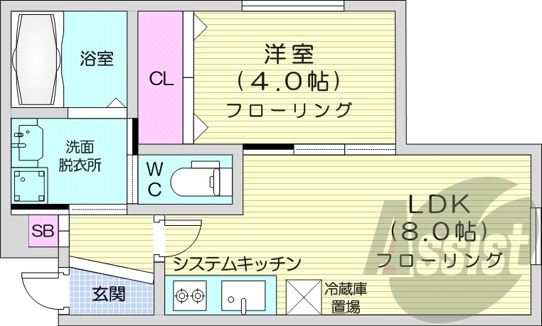 1LDK、エアコン、システムキッチン、浴室乾燥機