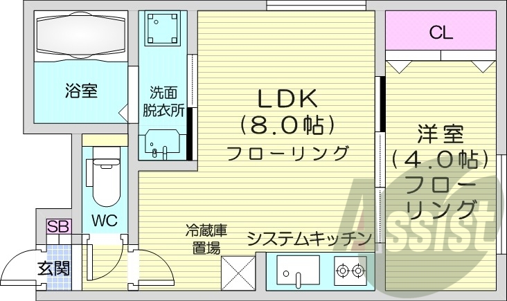 1LDK、エアコン、システムキッチン、浴室乾燥機
