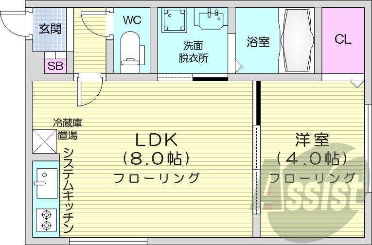 1LDK、エアコン、システムキッチン、浴室乾燥機