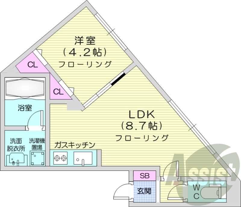1LDK、エアコン、都市ガス、システムキッチン