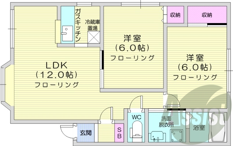 2LDK、都市ガス、トイレ風呂別、独立洗面台、灯油暖房