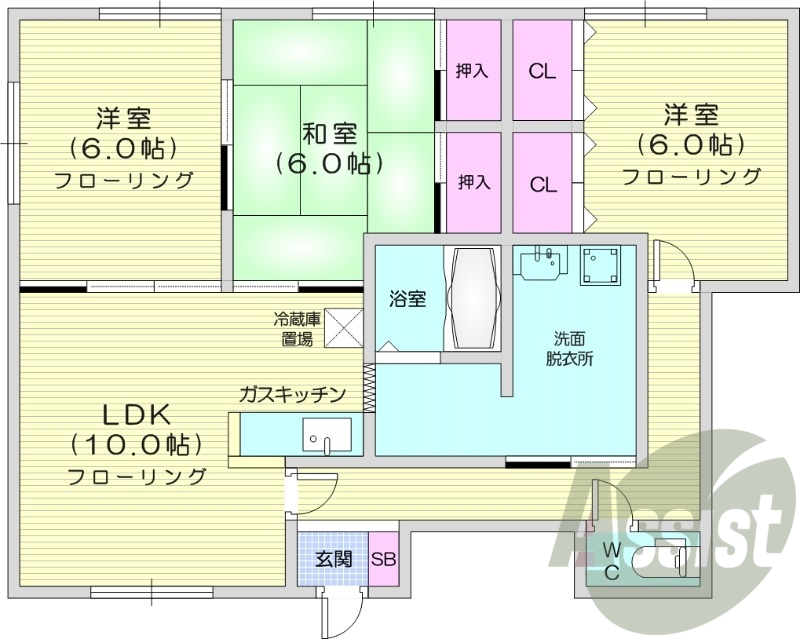 3LDK、都市ガス、独立洗面台、バストイレ別