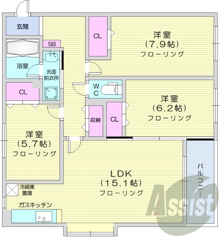 3LDK、オートロック、シャワートイレ、都市ガス