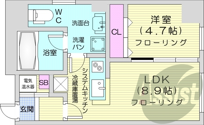 1LDK、IHクッキングヒーター、モニタ付インターホン