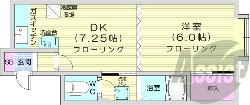 1DK、都市ガス、独立洗面台、シャワートイレ