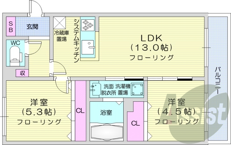 2LDK、都市ガス、追炊き、システムキッチン