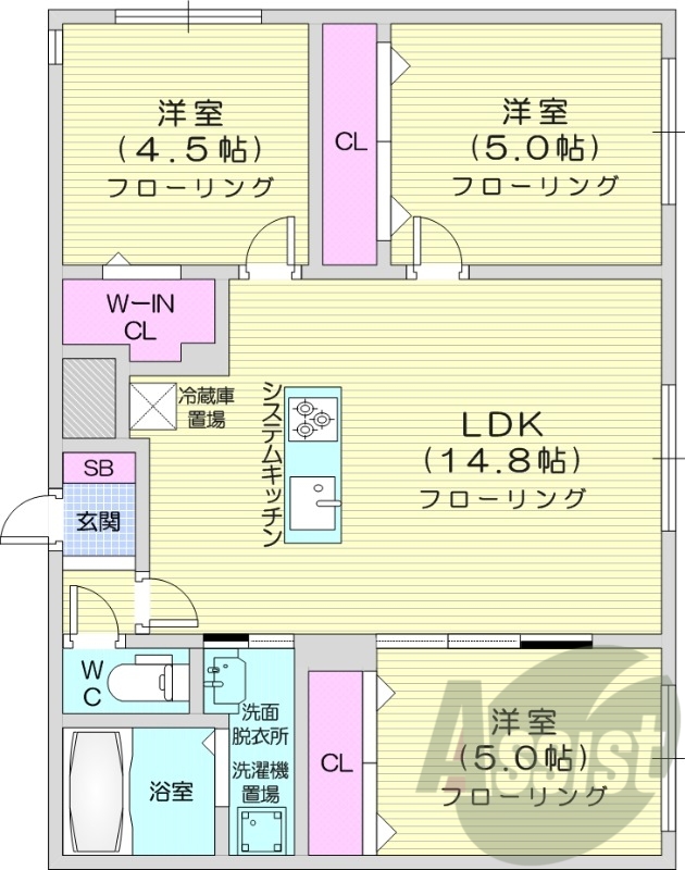 3LDK、都市ガス、追炊き、システムキッチン