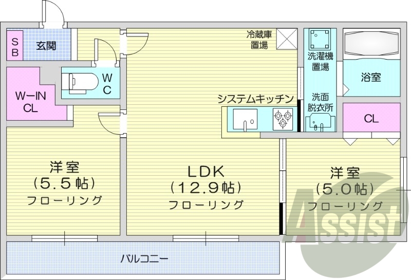 2LDK、都市ガス、追炊き、システムキッチン