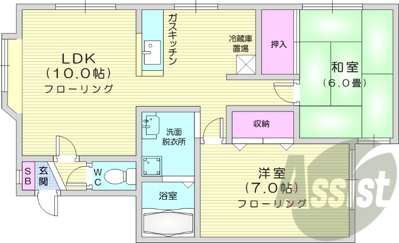 2LDK、モニタ付きインターホン、灯油暖房、対面キッチン