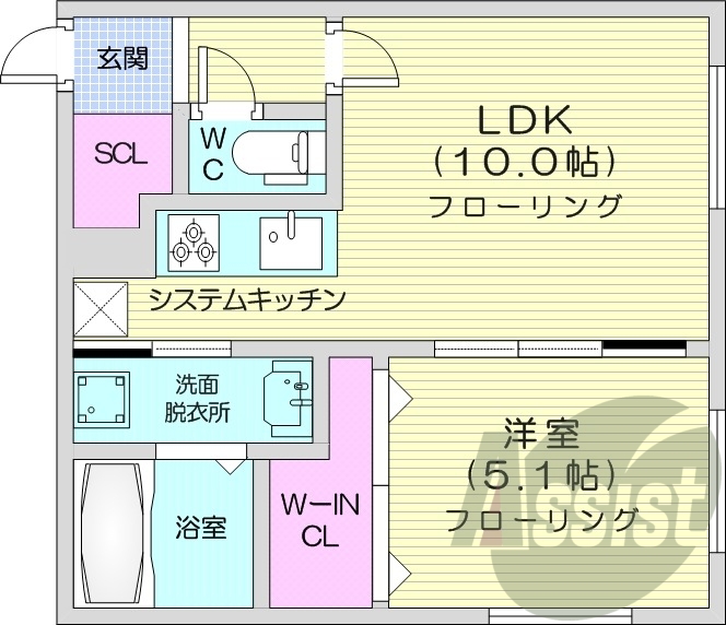 １LDK、南向き、シャワートイレ、システムキッチン