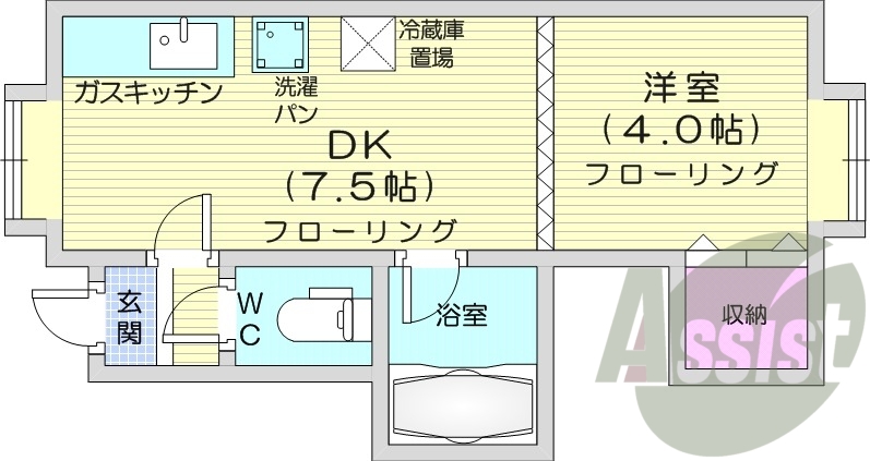 1DK、都市ガス、ユニットバス、ガスコンロ設置可