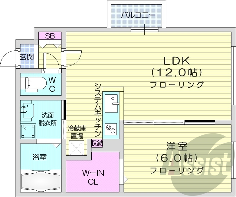 1LDK、エアコン、システムキッチン、TVインターフォン