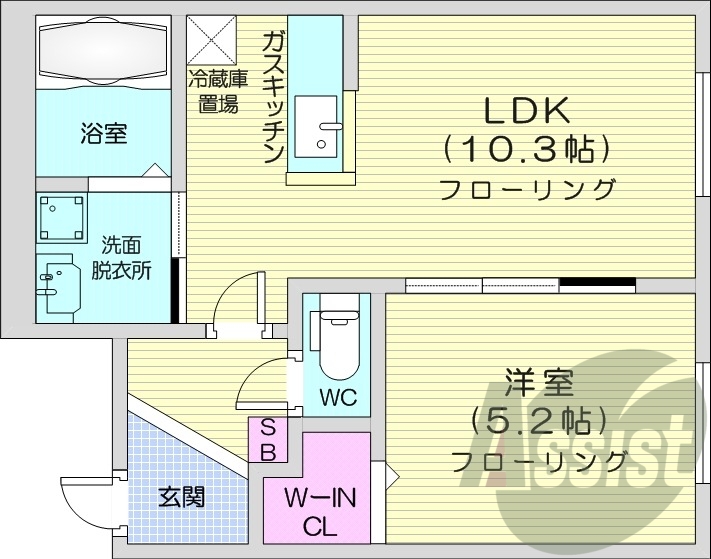 1LDK、エアコン、都市ガス、ネット無料