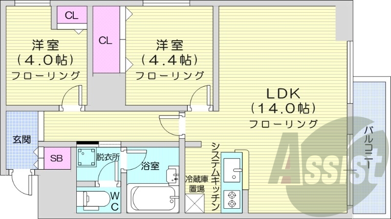 2LDK、都市ガス、エアコン、独立洗面台