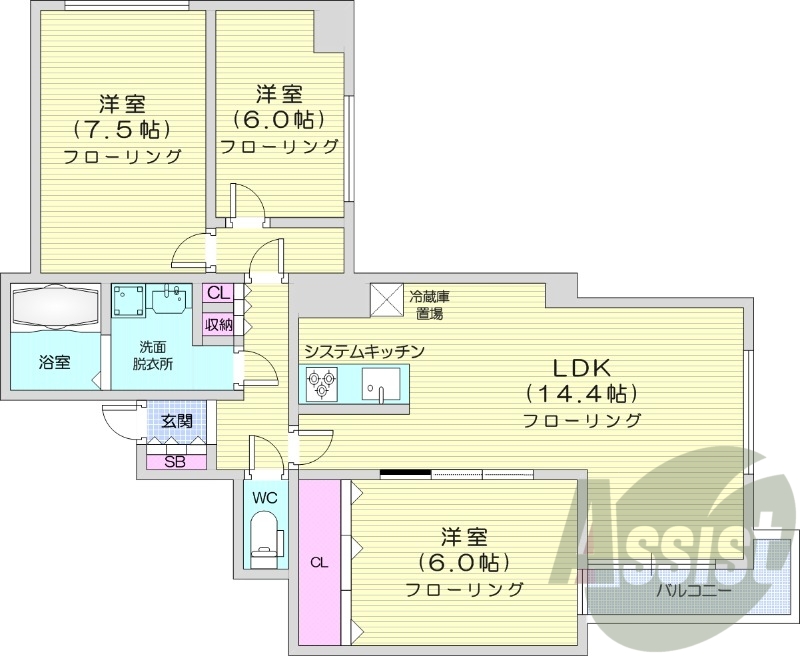 3LDK、都市ガス、システムキッチン、独立洗面台