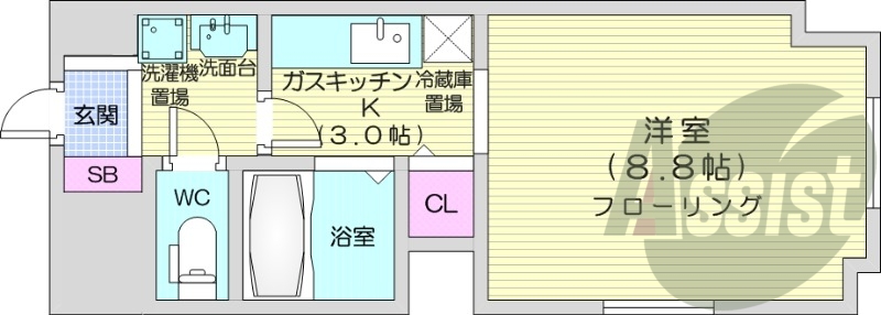 1K、都市ガス、オートロック、シューズボックス