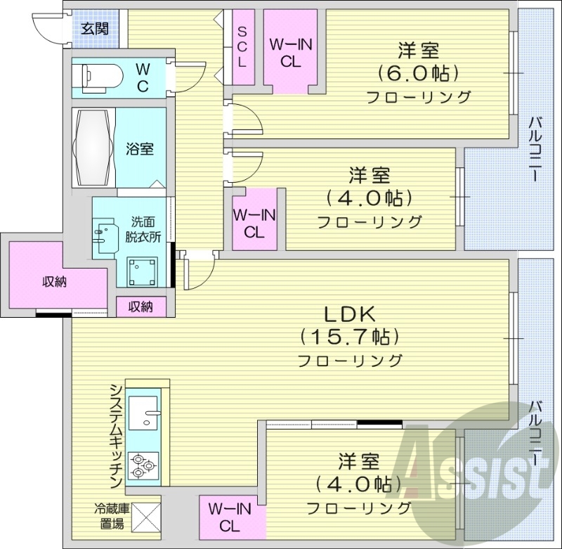 3LDK、エアコン、浴室乾燥機、システムキッチン