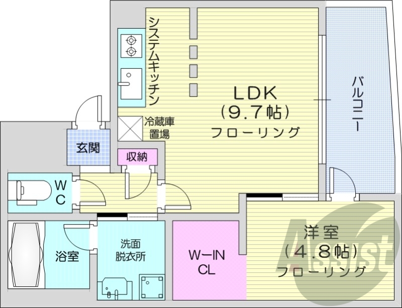 1LDK、エアコン、浴室乾燥機、システムキッチン