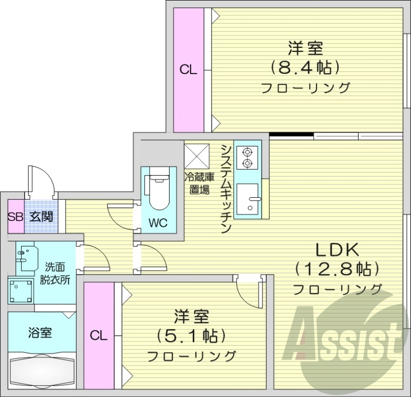 2LDK、都市ガス、エアコン、システムキッチン、浴室乾燥機