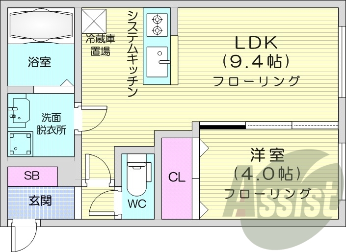 1LDK、都市ガス、エアコン、システムキッチン、浴室乾燥機