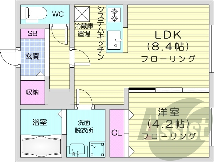 1LDK、都市ガス、エアコン、システムキッチン、浴室乾燥機