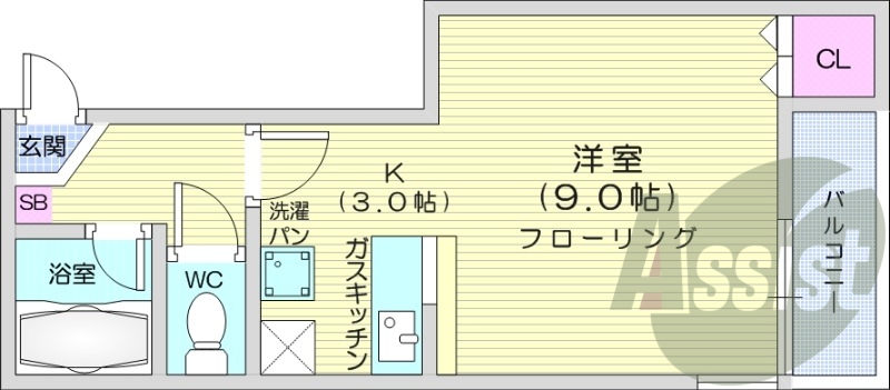 1K、バルコニー、灯油暖房、ネット使用料不要